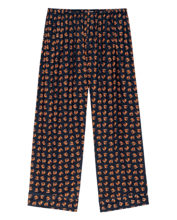 THE GREAT. F25 SLEEP The Easy Sleep Pant in navy with an all-over orange horse medallion print, made from 100% cotton, shown laid flat on a white background.