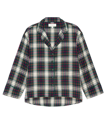 The Flannel Pajama Top – Pine Lodge Plaid by THE GREAT. H25 SLEEP features a green, red, and white plaid pattern and is shown on a plain white background.