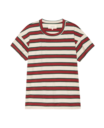 The Boxy Crew. Novelty -- Cream Bridle Stripe by THE GREAT. F25 D2 is a vintage-inspired short-sleeve crewneck tee with horizontal red, green, and cream stripes, shown laid flat on a white background.