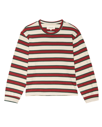 The Campus Crew. Novelty -- Cream Bridle Stripe by THE GREAT. F25 D2—an L.A.-made tee inspired by classic Campus Crew style with standout cream bridle stripes.