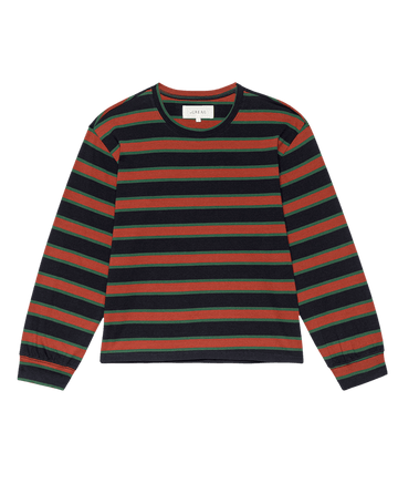 THE GREAT. F25 D2 The Campus Crew. Novelty -- Navy Bridle Stripe long-sleeve shirt with horizontal stripes, shown flat on a white background.