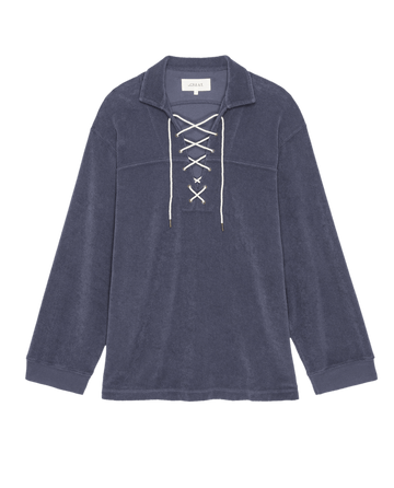 The Micro Terry Lace Up Tunic by THE GREAT. SU25 MICRO TERRY in Vintage Blue is a long-sleeve collared pullover with a stylish white lace-up front detail.