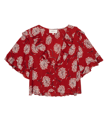 Add a pop of color with THE GREAT. SU25 The Bower Top in True Red Dancing Floral—featuring short sleeves, white floral print, ruffled neckline, and a flowy fit for effortless women’s style.