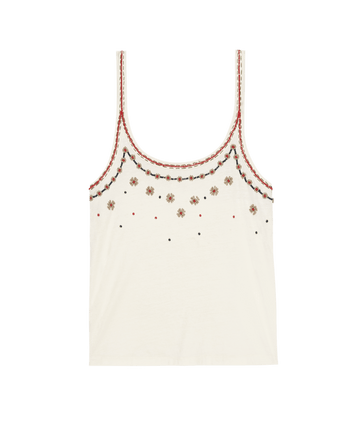 The Beaded Slim Tank by THE GREAT. SU25 in washed white features embroidered floral patterns and decorative red and brown stitching along the neckline and straps.