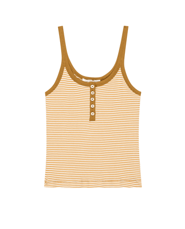 The Henley Slim Tank by THE GREAT. PF25 features a sleeveless, slim fit with bronze and white horizontal stripes, a scoop neckline, and a Henley-style four-button placket.