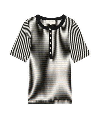 The Baseline Henley in Black & Cream Stripe by THE GREAT. PF25 features short sleeves, five buttons, and a black collar—a perfect choice for effortless casual style. Laid flat on a white background.