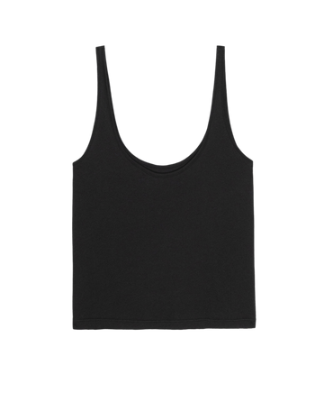 The Scoop Neck Tank in Solid -- Almost Black by THE GREAT. SU25 CORE KNITS features a sleeveless design and scoop neckline, shown against a white background.