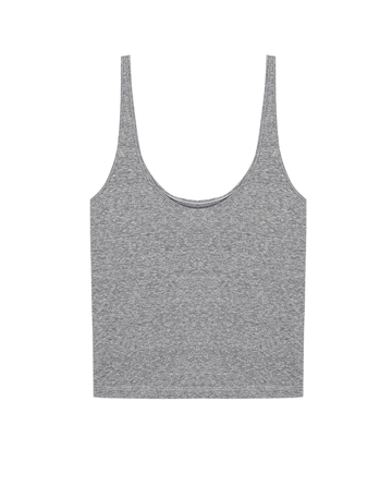The Scoop Neck Tank by THE GREAT. SU25 CORE KNITS in Heather Grey is a gray, sleeveless, cropped scoop neck top—an effortless women’s staple, shown laid flat on a plain background.