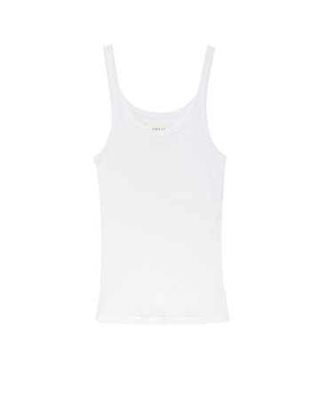 The Baby Rib Tank by THE GREAT. SU25 BABY RIB in True White features a scoop neckline and soft baby rib fabric, shown against a plain black background.