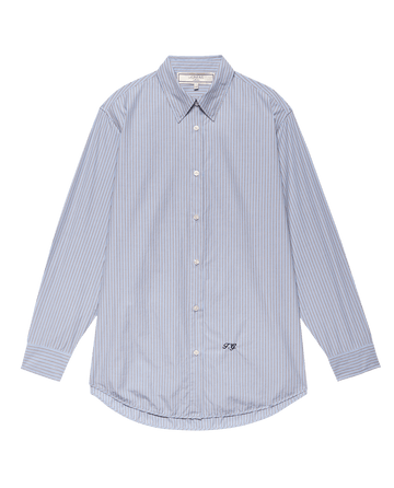 The Menswear Button Up -- Alumni Stripe by THE GREAT. F25 COLLECTORS features blue and white stripes, a pointed collar, small embroidered initials near the hem, and is crafted from superfine cotton for comfort and style.