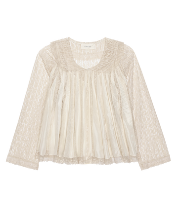 The Keepsake Lace Collared Top in cream from THE GREAT. H25 COLLECTION features sheer ivory lace, long sleeves, pleated bodice, a round neckline with delicate detailing. Shown on a plain white background.