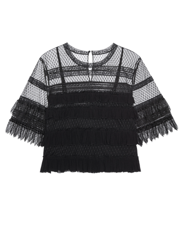 The Winter Mesh Flounce Top by THE GREAT. H25 COLLECTION features black sheer lace, horizontal ruffles, elbow-length sleeves, and a back button closure—ideal for chic winter fashion.