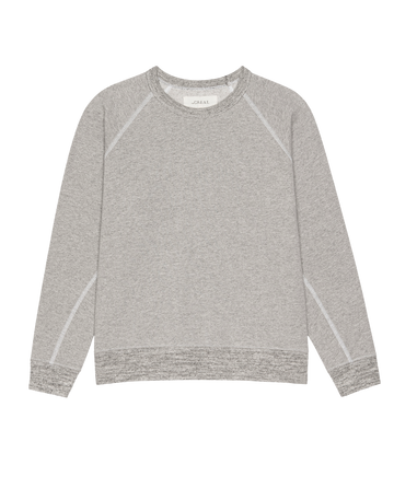 The Fleece Rookie Sweatshirt by THE GREAT. H25 CORE FLEECEBACK in heather grey, featuring ribbed cuffs, collar, and hem, is shown laid flat on a white background.
