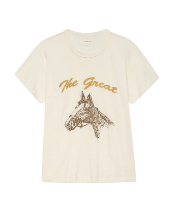 The Boxy Crew. Embroidered by THE GREAT. F25 D2: a washed white vintage tee with spice horse embroidery and “The Great” in gold script, inspired by western motifs.