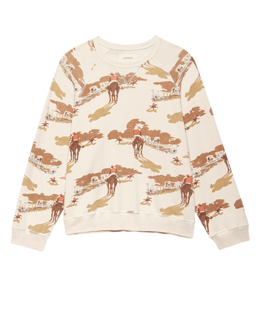 THE GREAT. F25 D1 The Slouch Sweatshirt in beige features a vintage-inspired Riding Horses Print with horse riders and trees in brown, red, and green tones.