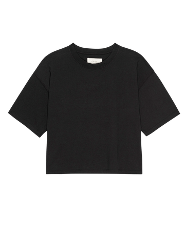 The Track Crew. -- Almost Black by THE GREAT. PF25 HEAVY JERSEY KNITS, a plain short-sleeve jersey t-shirt, is displayed on a white background.