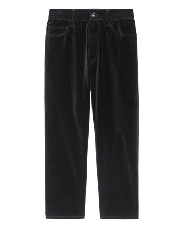 The Velvet Wayne Jean in black by THE GREAT. HOL 24 features a straight-leg design, complete with button closure and belt loops.