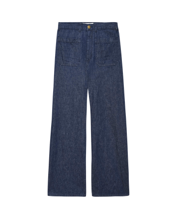 The Dock Jean in Rinse Wash by THE GREAT. from their FALL 23 AUGUST CAP collection, featuring a dark blue high-waisted wide-leg design with front pockets and a button and zipper closure, is displayed against a white background.