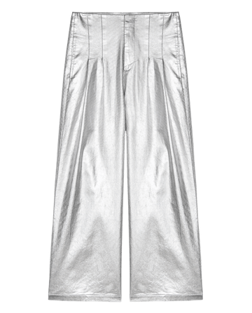 The Sculpted Trouser by THE GREAT. HOL 24, featuring a high-waisted, wide-leg design in silver metallic with sculpted pleats, is showcased against a plain background.