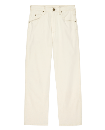 The Workwear Jean by THE GREAT. PS25 in Natural Hemp features straight legs, front pockets, and a button closure, shown flat on a white background.