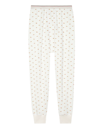 The Waffle Long John in White Mini Heirloom Rose by THE GREAT. HOL 24 ROSEBUD CAPSULE features pajama pants with a subtle floral pattern, complete with a drawstring waist and cuffed ankles.