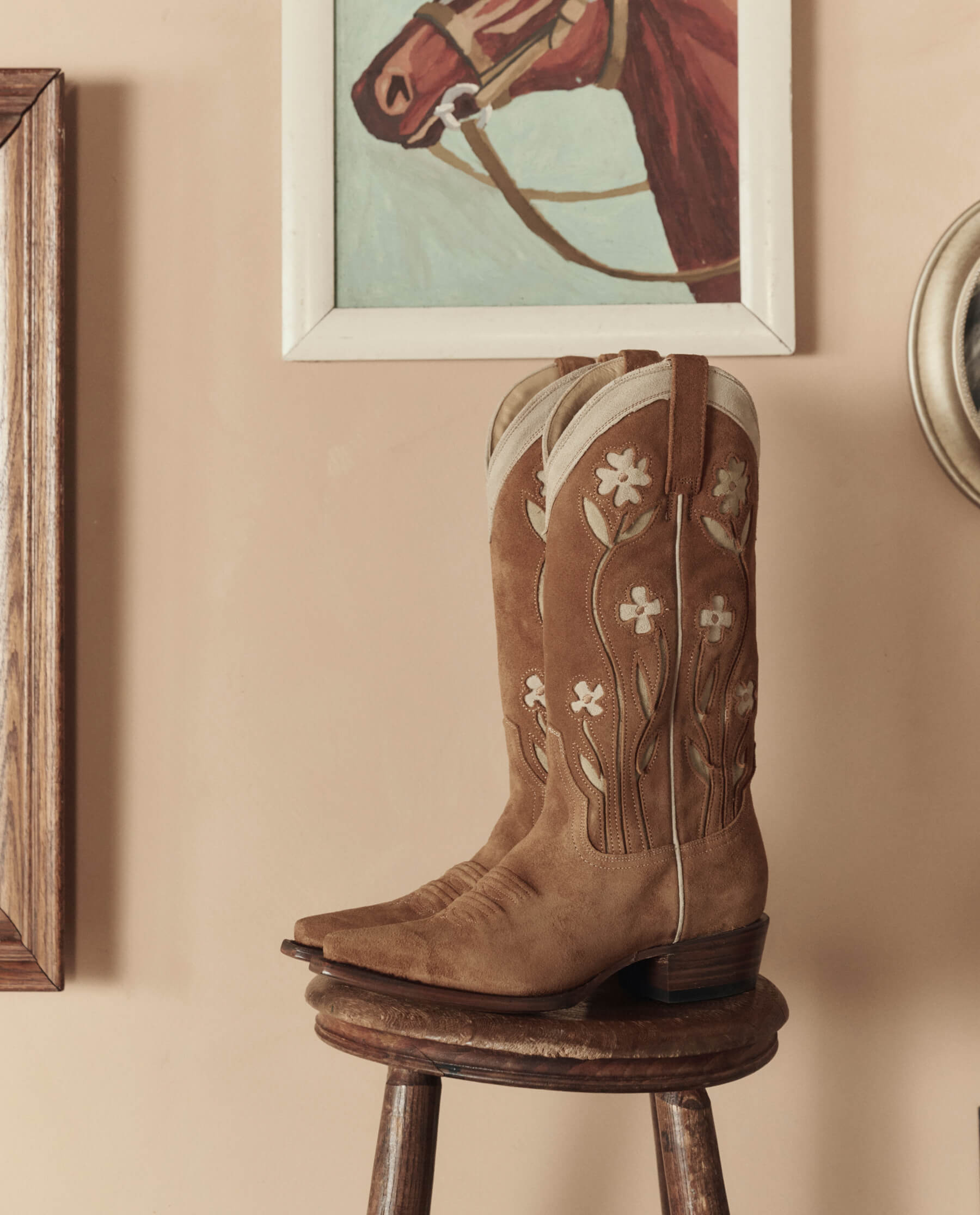Stetson & THE GREAT. The Cowboy Boot (Suede Floral). -- Tan Floral
