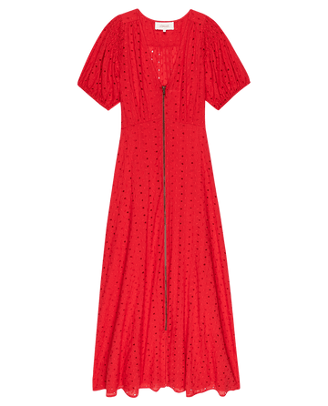 Introducing The Veranda Dress by THE GREAT. PS25: a stunning Red Rose, short-sleeve piece with a front zipper and eyelet pattern, featuring a flared skirt and v-neckline.