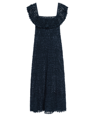 Experience elegance with The Balcony Dress by THE GREAT. PS25, a navy midi featuring lace, a square neckline, and ruffled off-the-shoulder detailing.