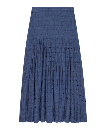 Introducing The Rhythm Skirt by THE GREAT. PS25: a fashionable, knee-length Riverside Blue pleated skirt with a subtle floral pattern.