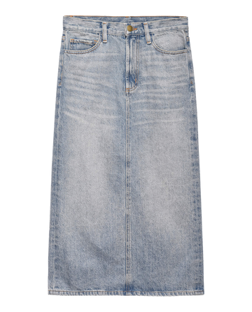 Introducing The Column Skirt in Monterey Wash by THE GREAT. PF24, a knee-length light blue skirt showcasing a classic silhouette enhanced with front pockets, button closure, and denim double stitching.