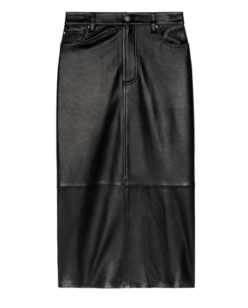 The Leather Column Skirt in chic black faux leather, featuring front stitching detail and belt loops from THE GREAT. HOL 24, is showcased on a plain background.