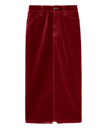 The Velvet Column Skirt in Bordeaux by THE GREAT. HOL 24 features a front button closure and convenient pockets, offering a chic and stylish look.