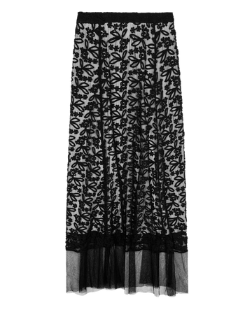 The Era Skirt in black from THE GREAT. HOL 24 is a fashion-forward and timeless piece in women's clothing, featuring a floral pattern with a sheer overlay that makes it truly unique. Its elegant design is reminiscent of the graceful era skirt style.