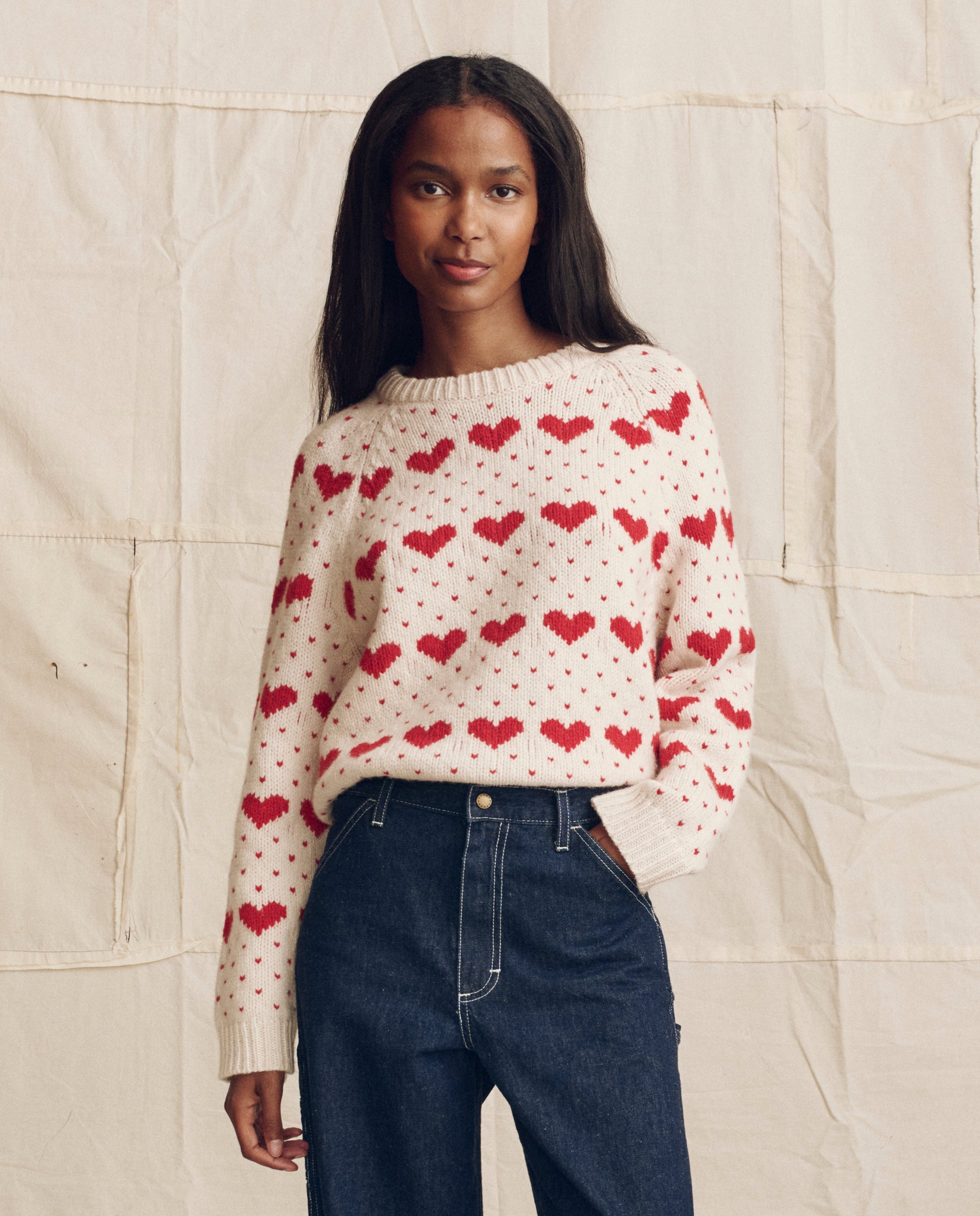 Vintage Fabric Loose Long-T、ソフトハードニット The Heart Crew. -- Pearl with Red – The Great.