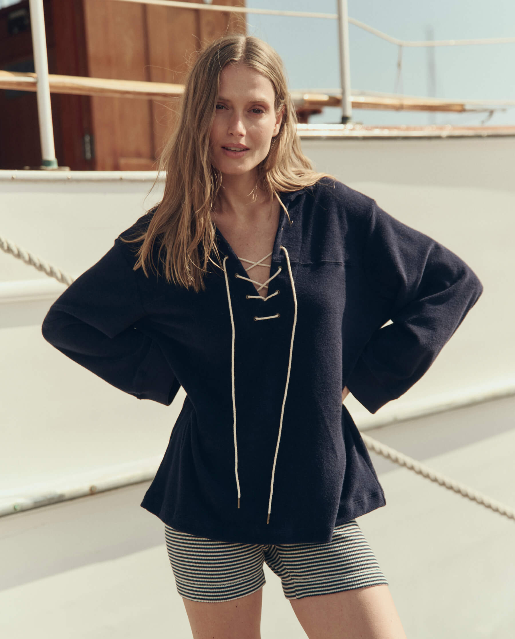 The Micro Terry Lace Up Tunic. -- Navy – The Great.