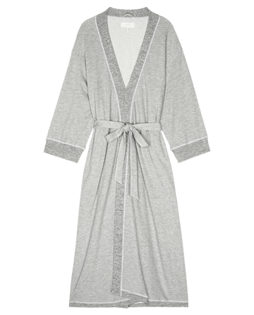 Introducing The Sweatshirt Robe in Light Heather Grey by THE GREAT. HOL 24 SLEEP—a luxurious robe made from ultra-soft cotton. This loungewear staple features a belt tied at the waist, long sleeves, and a contrasting trim to ensure comfort and style during every moment of relaxation.