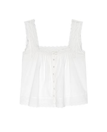 The Eyelet Tank by THE GREAT. PS25 SLEEP is a true white sleeveless blouse made from cotton voile, featuring lace straps, front buttons, a flowy silhouette, scalloped edges, and intricate embroidery.