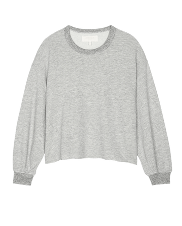 Introducing The Sleep Cut Off Sweatshirt in Light Heather Grey from THE GREAT. HOL 24 SLEEP, a cozy long-sleeve design with a round neckline, ideal for cold-weather wear and showcased against a white backdrop.
