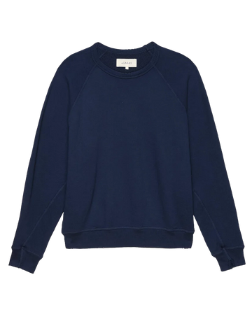 A handcrafted, plain navy blue crewneck sweatshirt with ribbed cuffs and hem, lying flat. This is The College Sweatshirt in True Navy by THE GREAT., part of their FALL 23 KNITS collection.