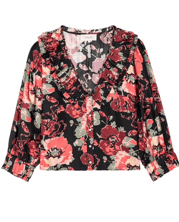 The Symphony Top - Charming Rose by THE GREAT. HOL 24 showcases a floral blouse with a ruffled V-neck and quarter sleeves, highlighted in vibrant red, pink, and green hues on an elegant classic black background.