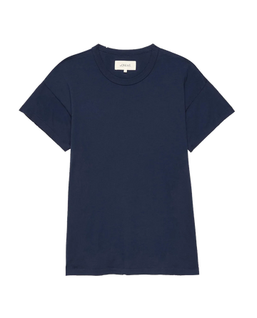 The Boxy Crew in True Navy by THE GREAT. FALL 23 KNITS is a locally handcrafted, 100% cotton T-shirt featuring short sleeves and a round neckline, displayed against a white background.