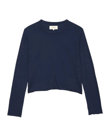 A handcrafted Los Angeles, THE GREAT. FALL 23 KNITS True Navy Long Sleeve Crop Tee featuring a round neckline and a slightly frayed hem.