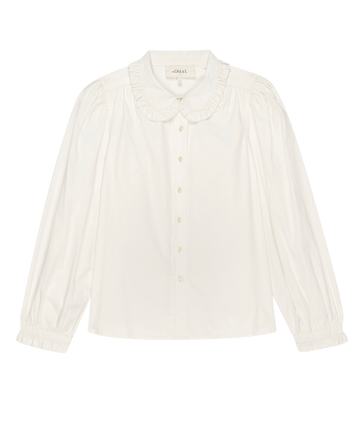 The Hemingway Top by THE GREAT. PS25 is a women's fashion blouse in white, featuring a soft ruffled collar, button-down front, and long sleeves with gathered cuffs.