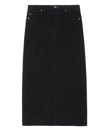The Column Skirt by THE GREAT. in black highlights a classic silhouette with its five-pocket design and button closure, elegantly enhanced by double stitching on a white background.