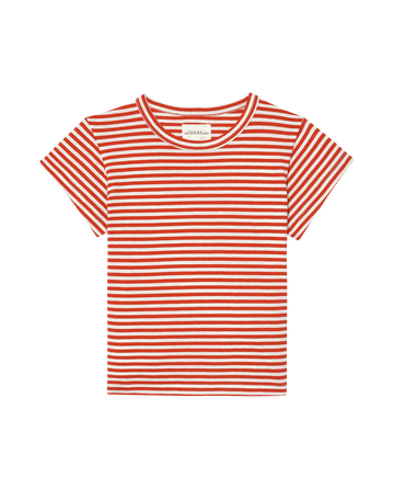 Check out the Little Boxy Crew by THE GREAT. SP25 POLO LOUNGE LITTLE: a short-sleeve, crew-neck T-shirt with vibrant Sun Cherry Stripe in red and white.