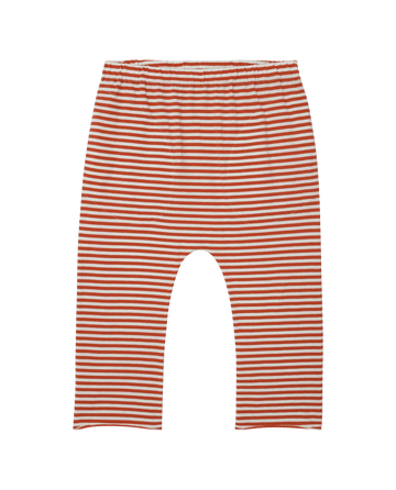 The Little Jersey Crop, from THE GREAT. SP25 POLO LOUNGE LITTLE, features orange and white Sun Cherry Stripe pants with an elastic waistband laid flat on a black background.