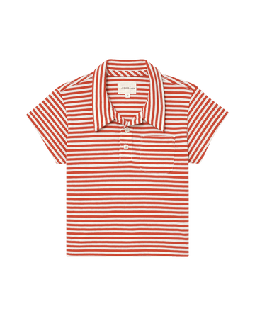 The Little Lacrosse Polo in Sun Cherry Stripe, a red and white striped polo from THE GREAT. SP25 POLO LOUNGE LITTLE, features a collar, two buttons, and a chest pocket. Perfect sporty yet stylish sportswear for lacrosse lovers.