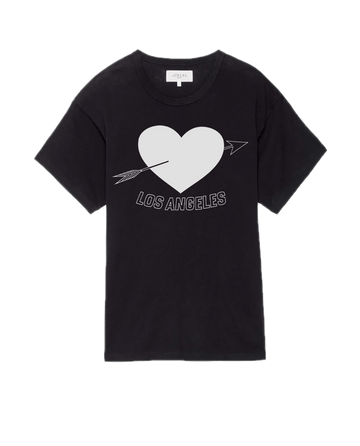 THE GREAT. SP25 I LOVE LA Men's Boxy Crew in Almost Black, showcases a pierced heart graphic with "Los Angeles" elegantly printed in gray.