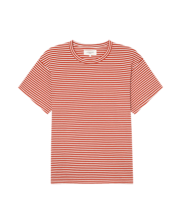 The Men's Boxy Crew by THE GREAT. SP25 POLO LOUNGE MEN, known as Sun Cherry Stripe, is a red and white striped T-shirt with short sleeves and a classic crew neck on a bold black background.