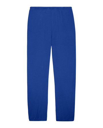 Bright Cobalt "The Stadium Sweatpant" by THE GREAT. SP25 KNITS with elastic waistband and cuffs, displayed on a white background.